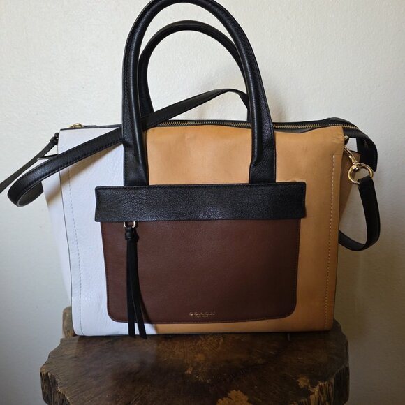 Coach Bleecker Riley 30150 Colorblock Leather Satchel Tote Bag Tan Black White - Picture 11 of 16